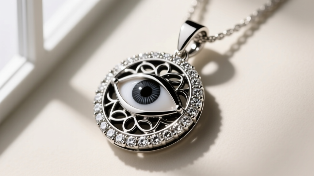 Macro shot of modern evil eye pendant with pavé diamond halos and black rhodium 18k white gold showing intricate metalwork