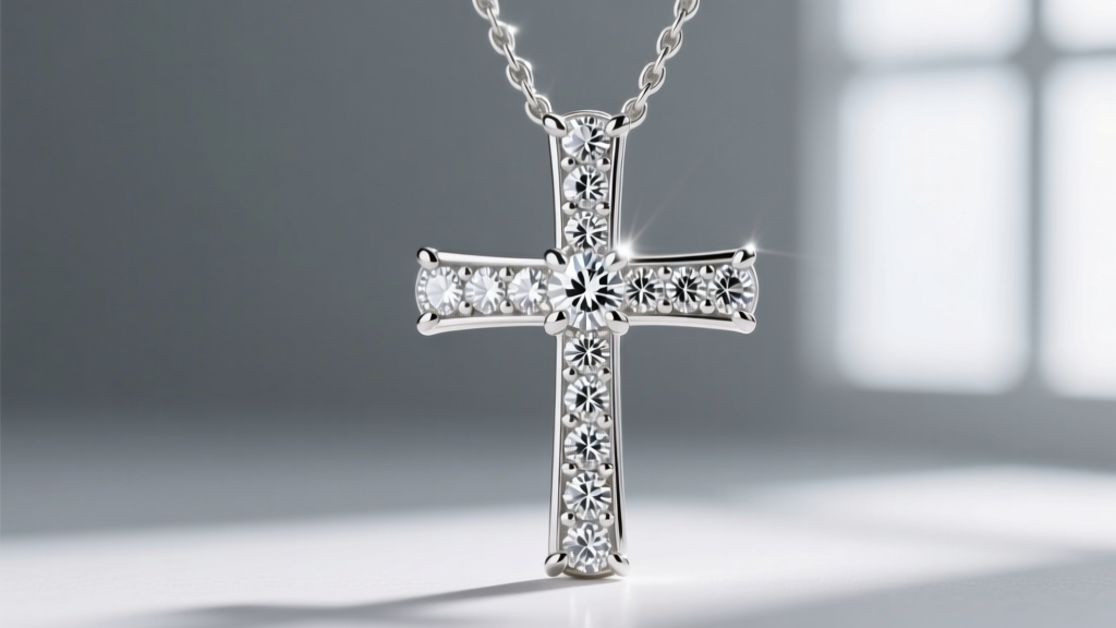 Macro photography of a 14k white gold diamond pavé cross pendant, showing prong settings and light reflection on the small stones