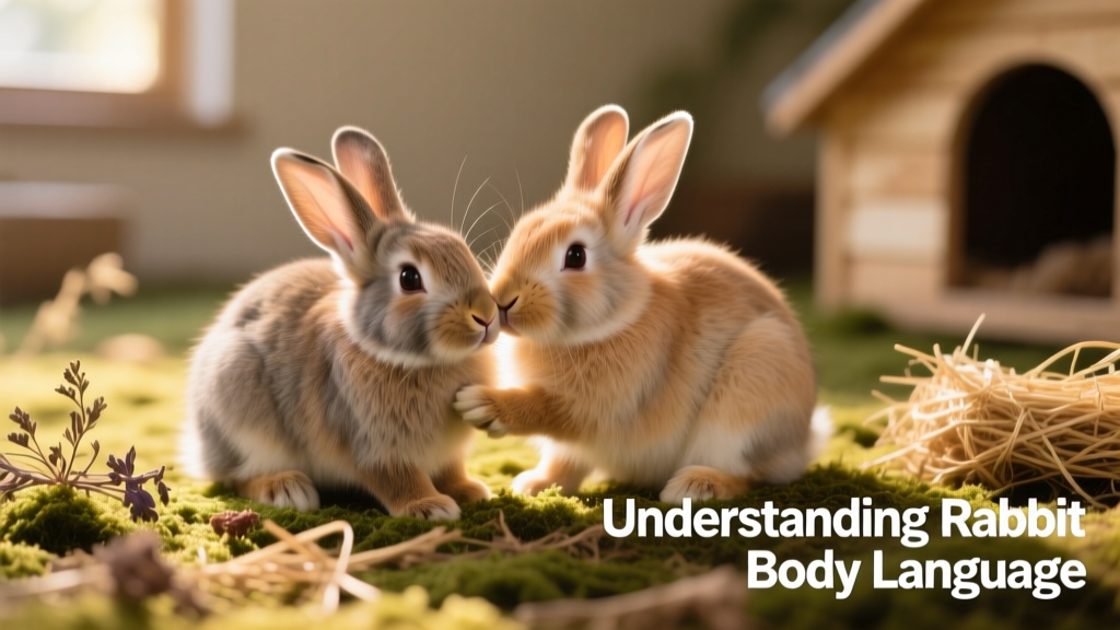 Two bonded rabbits grooming each other gently under soft lighting