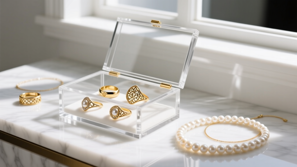 Clear acrylic jewelry box displaying organized gold rings and pearl necklaces, resting on a bright white marble vanity surface.