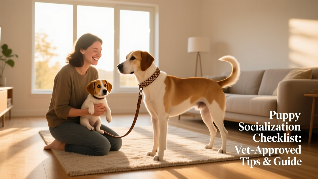 A smiling parent holding a small puppy while introducing it to a friendly, leashed adult dog in a clean, sunlit living room