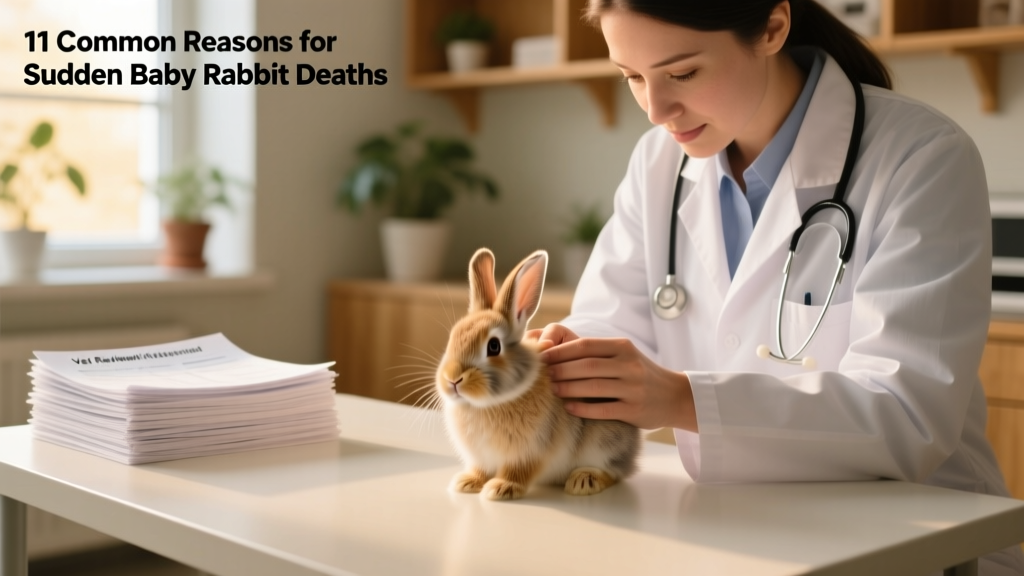 Veterinarian gently examining a baby rabbit on a clean exam table