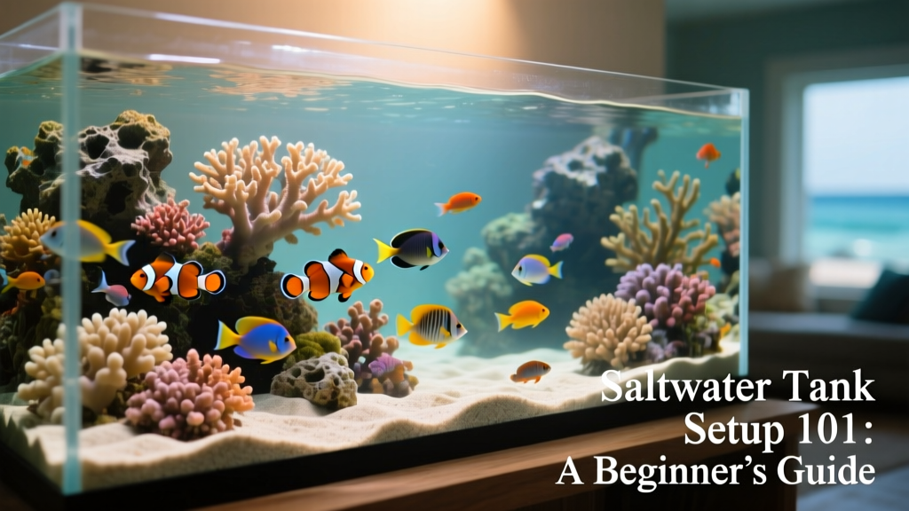 Well-arranged saltwater aquarium with live rock aquascape, sandy substrate, and colorful fish swimming near a coral structure