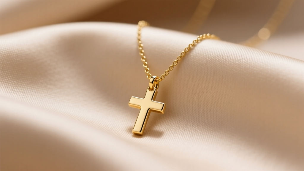 Close-up of a delicate 14k solid gold cute cross necklace resting on beige silk, highlighting the polished finish and tiny bail.