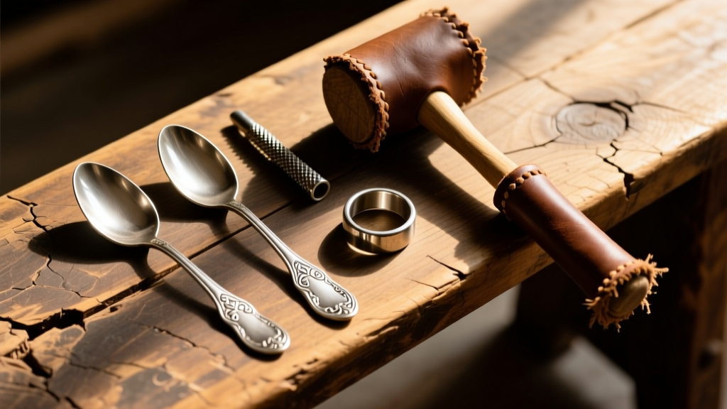 Overhead view of vintage silver spoons, a steel ring mandrel, and a rawhide mallet on a scarred wooden bench in warm light
