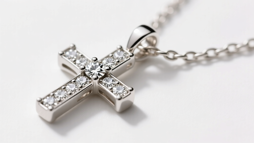 Macro view of bezel-set diamond cross pendant in 18k white gold, showing precise metalwork and a 0.8mm cable chain link detail