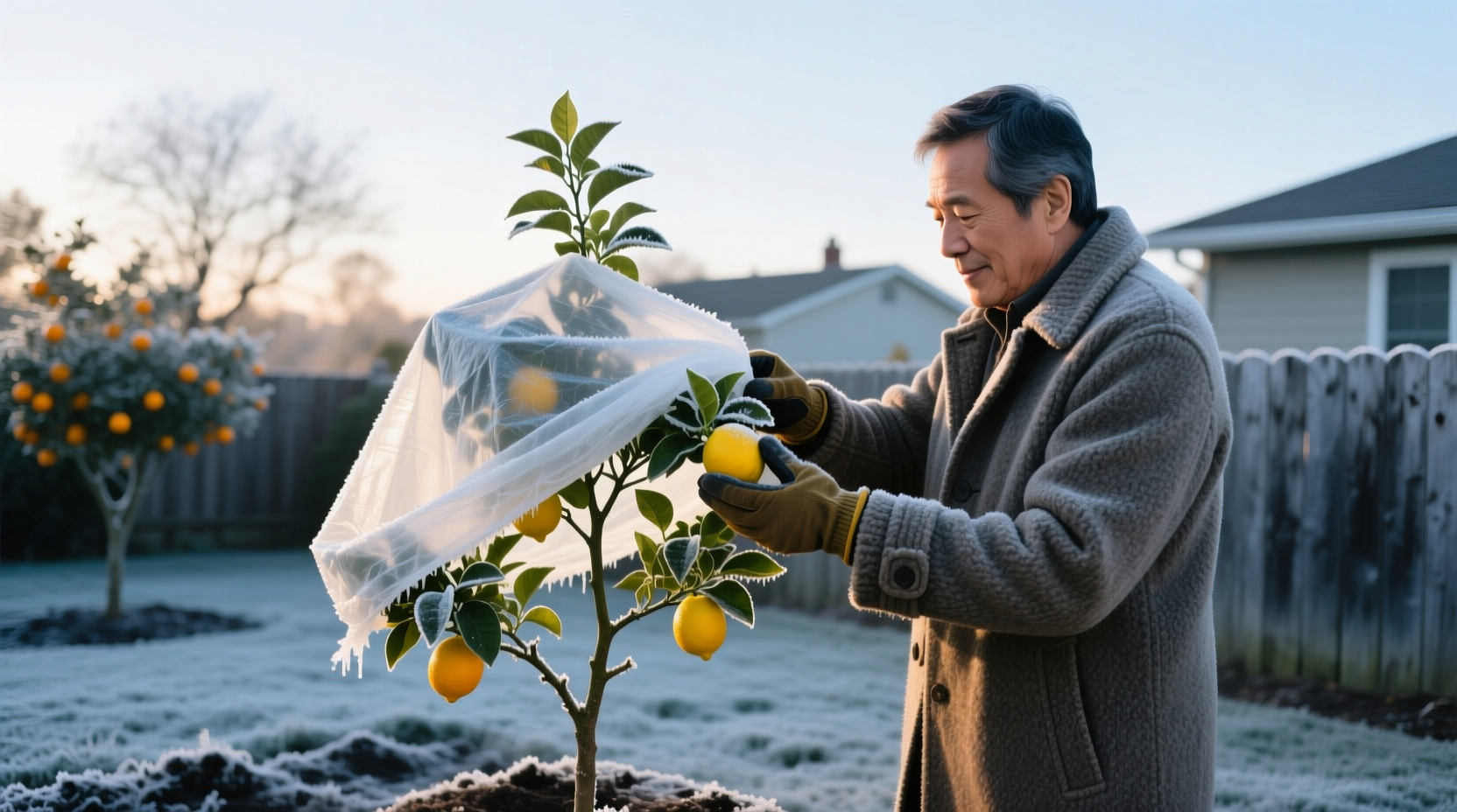 Zone 9b citrus growers checking frost protection on February morning when temperatures dip to 27°F - critical for lemon tree survival in marginal hardiness zones