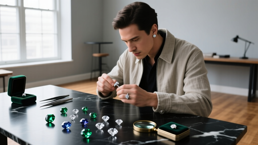 A jeweler's hands applying a drop of nitric acid from a glass dropper onto a scratched gold earring post on a dark testing stone.