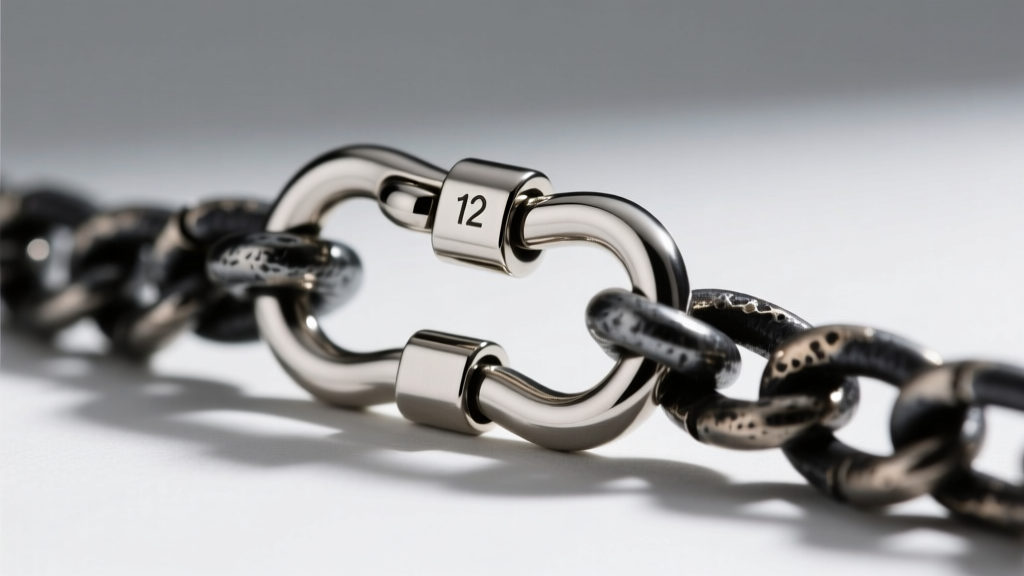 Close-up of a 12mm stainless steel lobster clasp attached to a thick 4mm oxidized silver rolo chain used in heavy gothic chokers