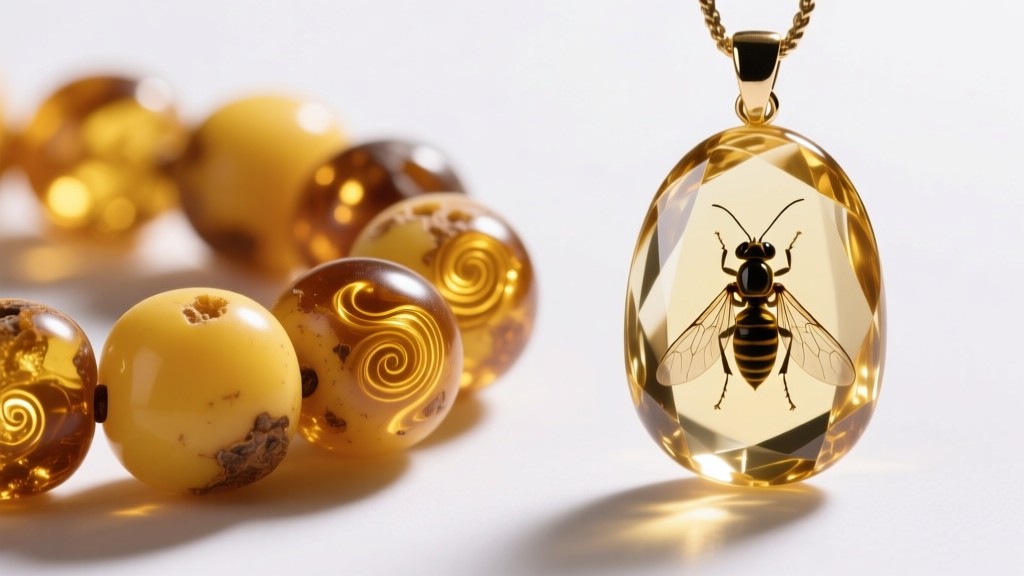 Close-up of cloudy yellow Baltic amber beads next to a clear insect-inclusion Dominican amber pendant under bright studio lights.