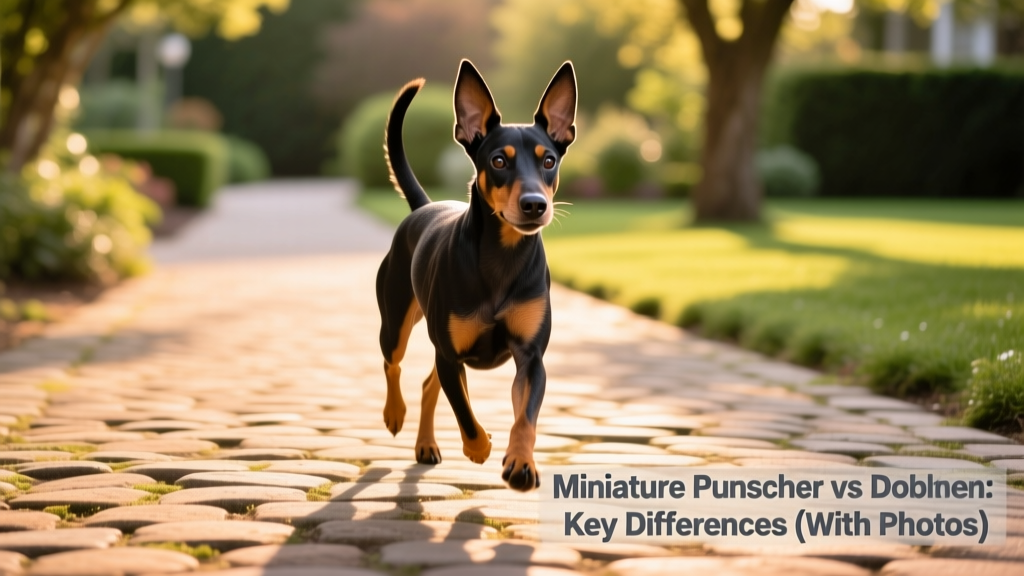 A lively Miniature Pinscher mid-stride on a sunlit paved path, ears perked and tail up