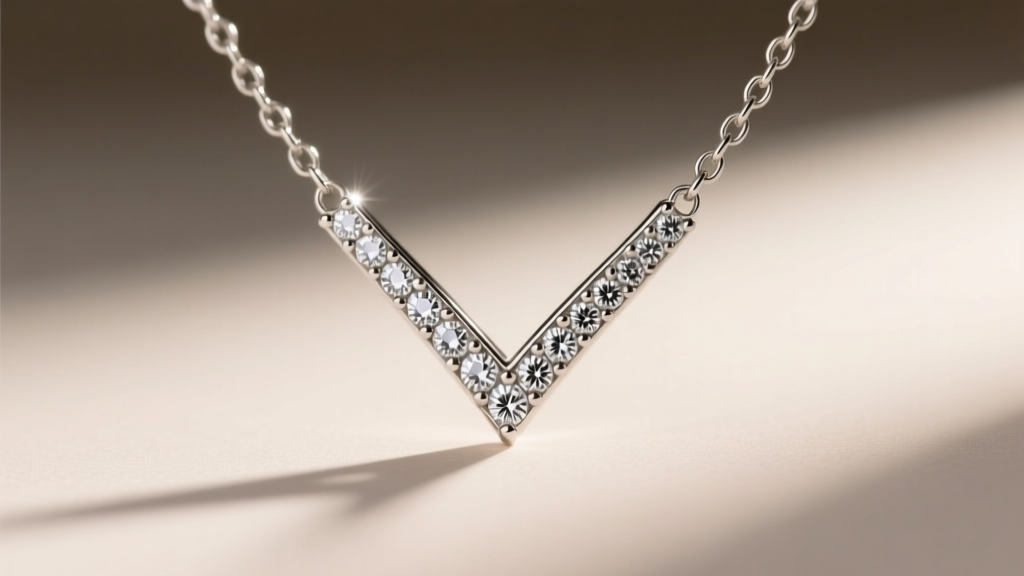 Macro shot of a platinum necklace chain connecting to a V-shaped bail paved with micro-prong VS1 clarity diamonds catching warm ambient light