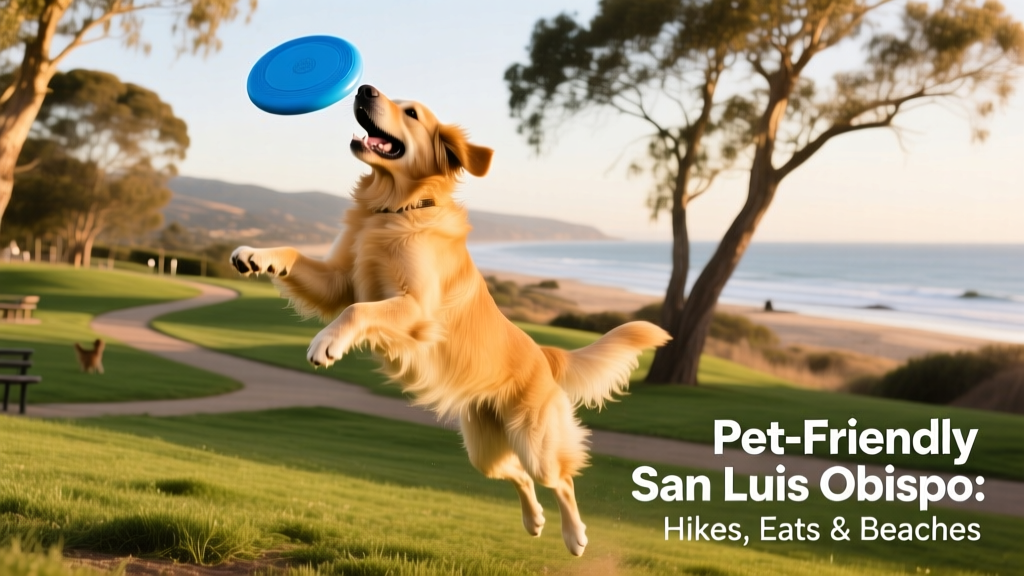 A happy dog mid-air catching a frisbee at El Chorro Dog Park in San Luis Obispo