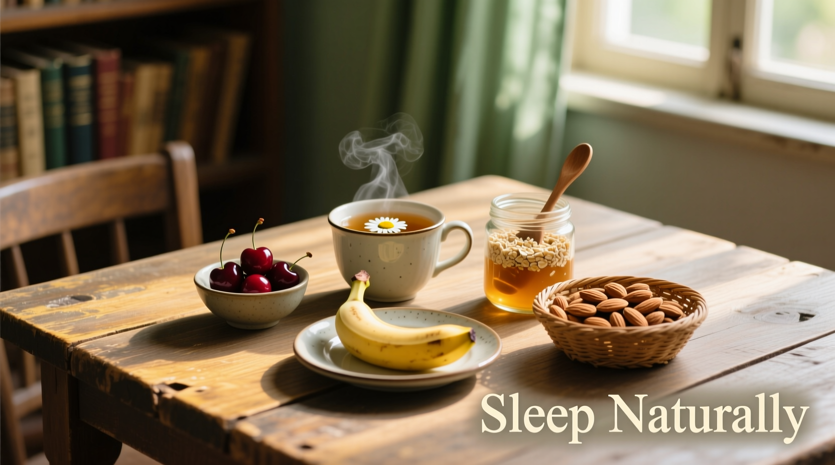 Sleep-promoting foods arranged on wooden table