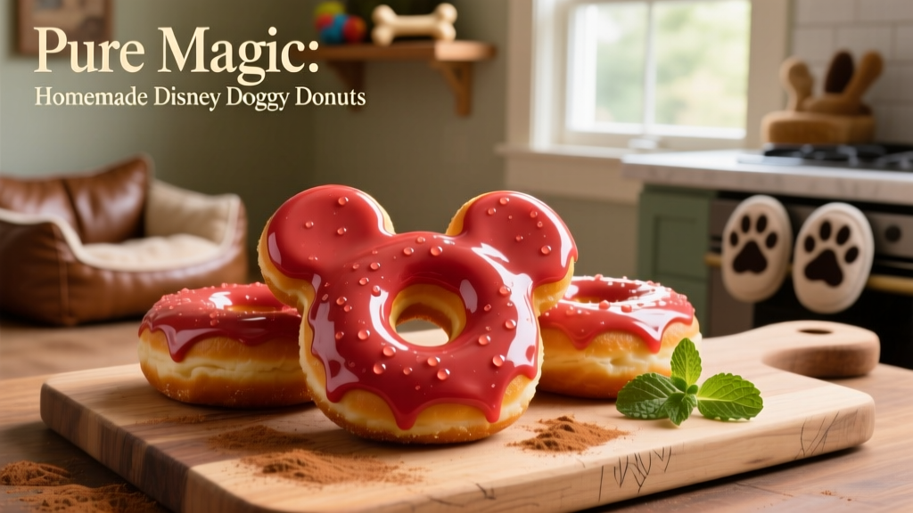 Close-up of freshly baked Mickey-shaped dog donuts with glossy strawberry glaze