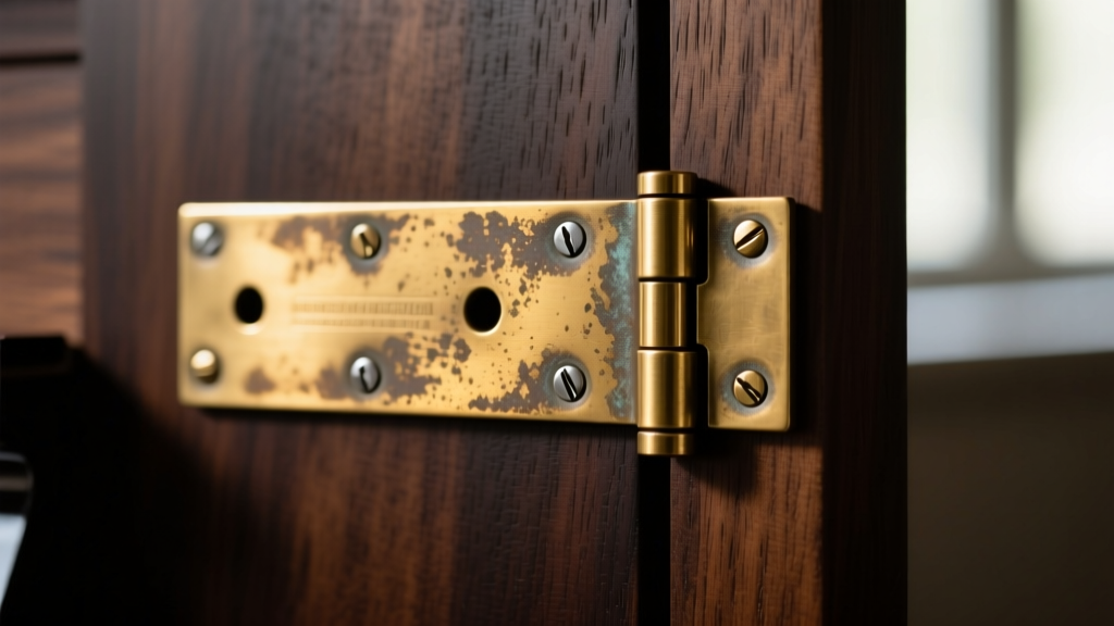 Close-up of a solid cast brass piano hinge with patina finish, attached to dark walnut wood using flush-mounted steel screws.