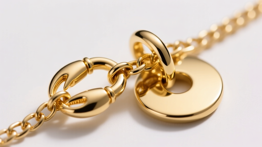 Macro view of a 14k gold lobster clasp connecting a box chain to a solid gold disk pendant bail under bright studio lighting.