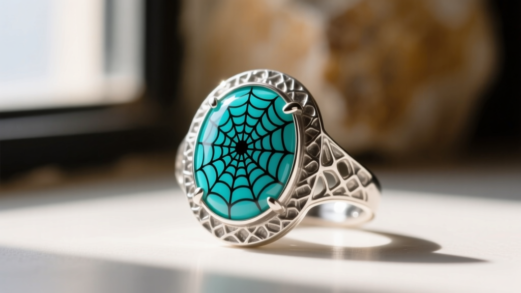 Close-up of stabilized spiderweb turquoise cabochon in a textured 925 sterling silver bezel, showing intricate black matrix veins.