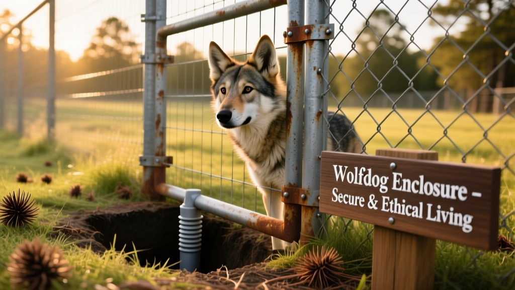 Close-up of reinforced fencing with buried dig guard extending underground, installed around a spacious wolfdog enclosure