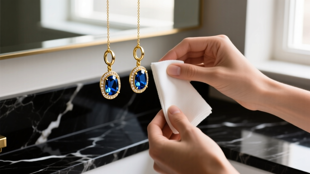 Hands gently cleaning 18k gold and blue topaz drop earrings with a soft microfiber cloth on a dark marble vanity surface.