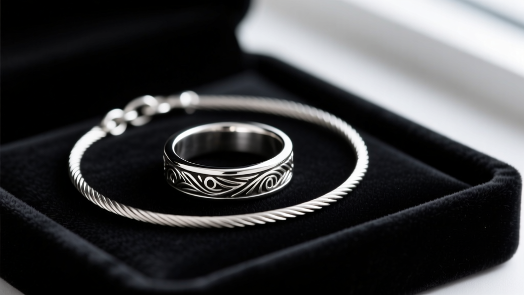 Close-up of a 925 sterling silver slave ring connected to a bracelet via a fine cable chain, resting on a dark velvet jewelry tray.