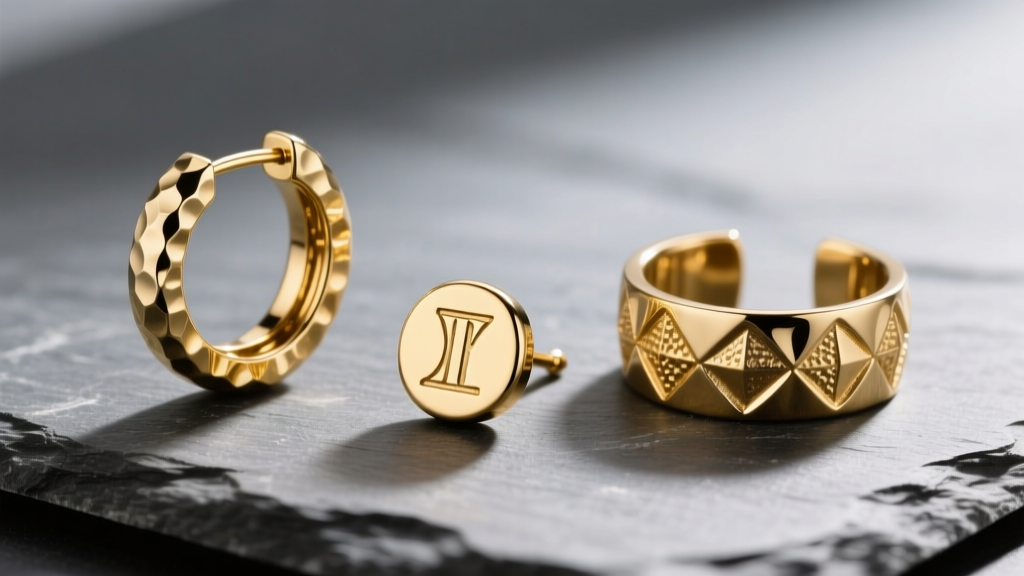 Macro view of three gold mens earrings on slate: a hammered hoop, flat signet stud, and textured cartilage cuff.