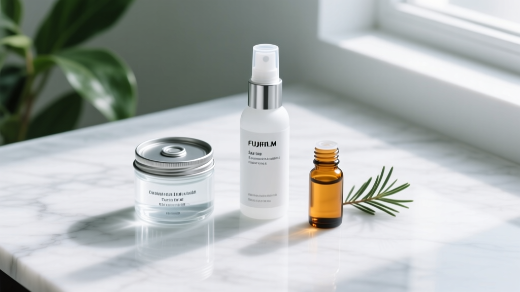 Flat lay of piercing aftercare: a sterile saline can, premium sea salt spray, and small glass tea tree oil vial on marble surface