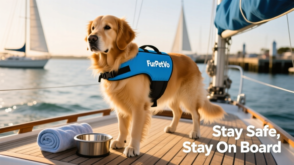 Dog standing confidently on a boat deck, wearing a blue FurPetVo life vest and resting near a rolled-up towel and water bowl