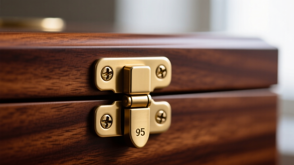 Macro shot of a solid brass stop hinge on a mahogany jewelry box lid, highlighting the screws and the 95-degree stop mechanism.