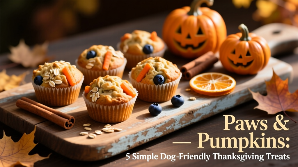 Homemade dog muffins arranged on a rustic wooden board beside autumn-themed decorations like mini pumpkins and cinnamon sticks