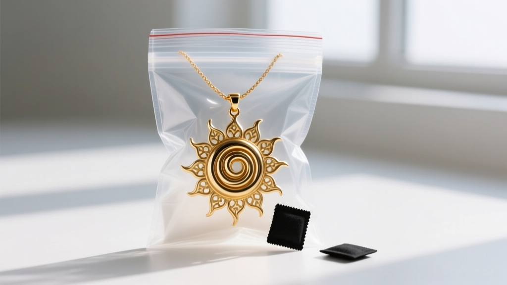 Coiled gold sun pendant necklace stored inside a clear anti-tarnish ziplock bag alongside a small black anti-tarnish strip.