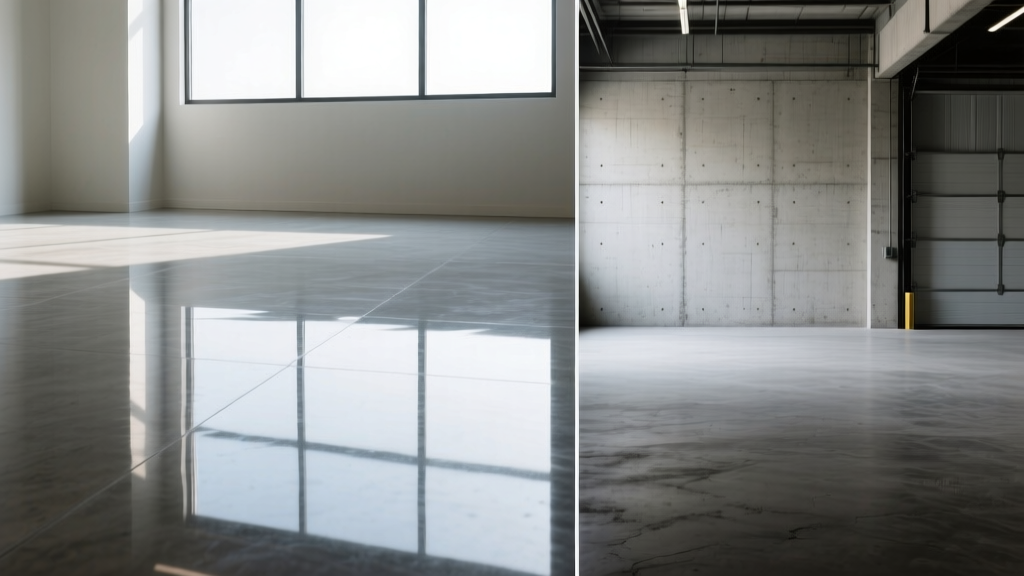 Split view showing highly reflective 3000-grit polished concrete floor on left and matte sealed concrete warehouse floor on right