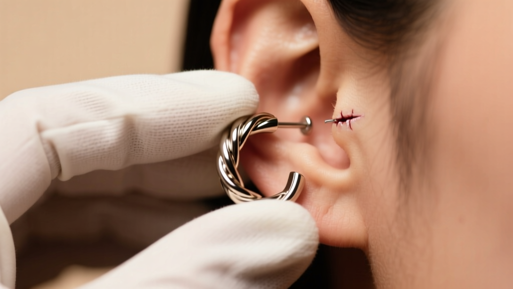 Macro shot of a titanium earring twisted from a healed earlobe piercing by gloved hands under bright, warm studio lighting.