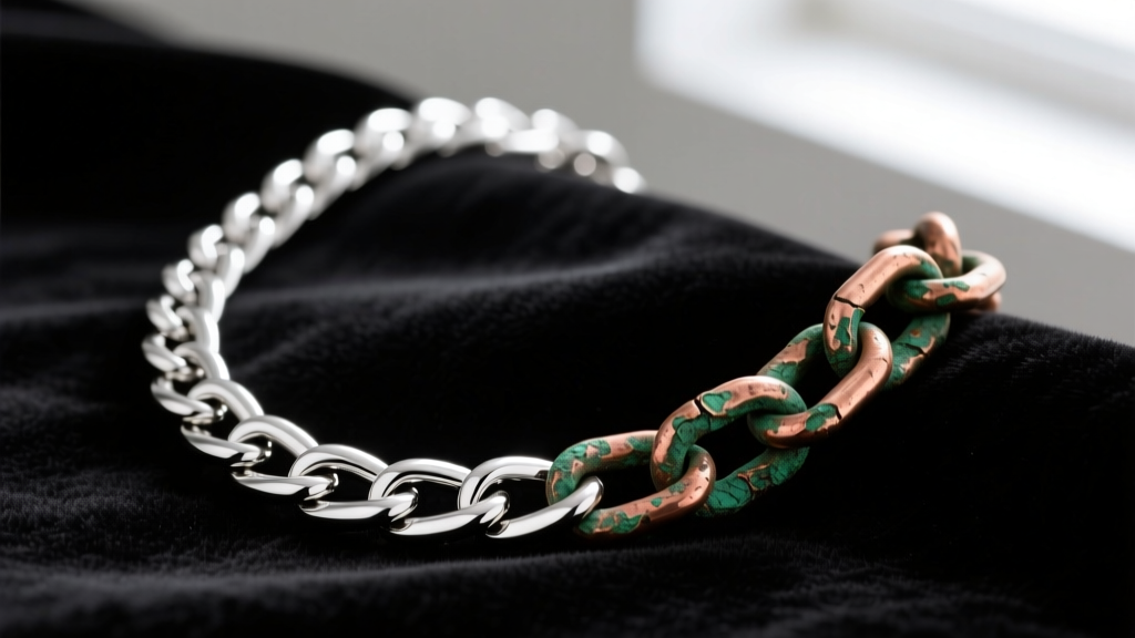 Macro photo of a polished platinum necklace chain next to a tarnished, green-stained copper alloy chain resting on dark velvet.