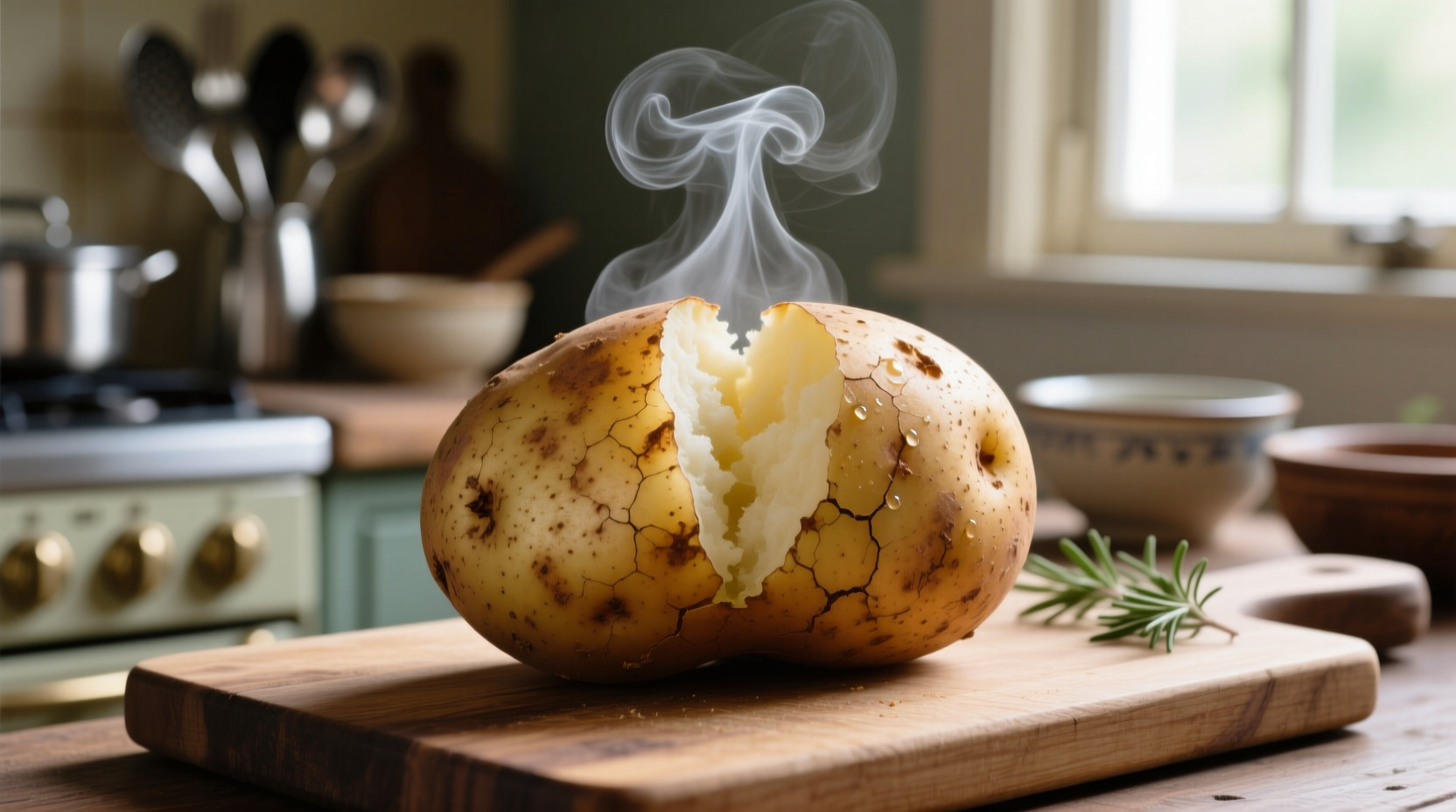 Perfectly baked large russet potato with steam rising