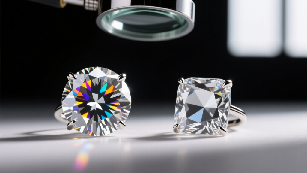 Close-up comparison of a brilliant-cut moissanite stone and cubic zirconia stone set in prong settings under a jeweler's loupe