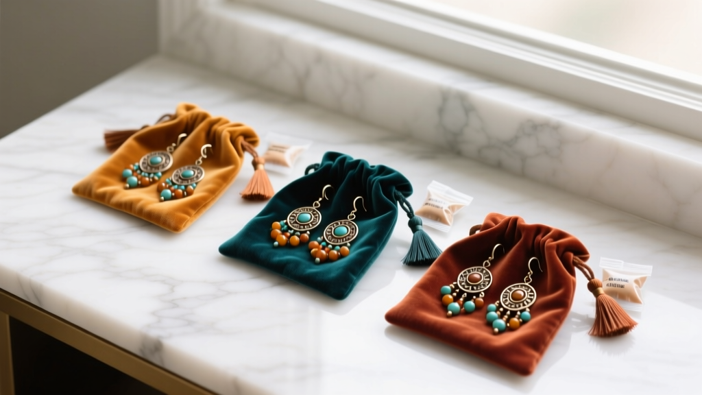 Boho dangle earrings safely stored in individual anti-tarnish velvet pouches with silica gel packets on a white marble vanity top.