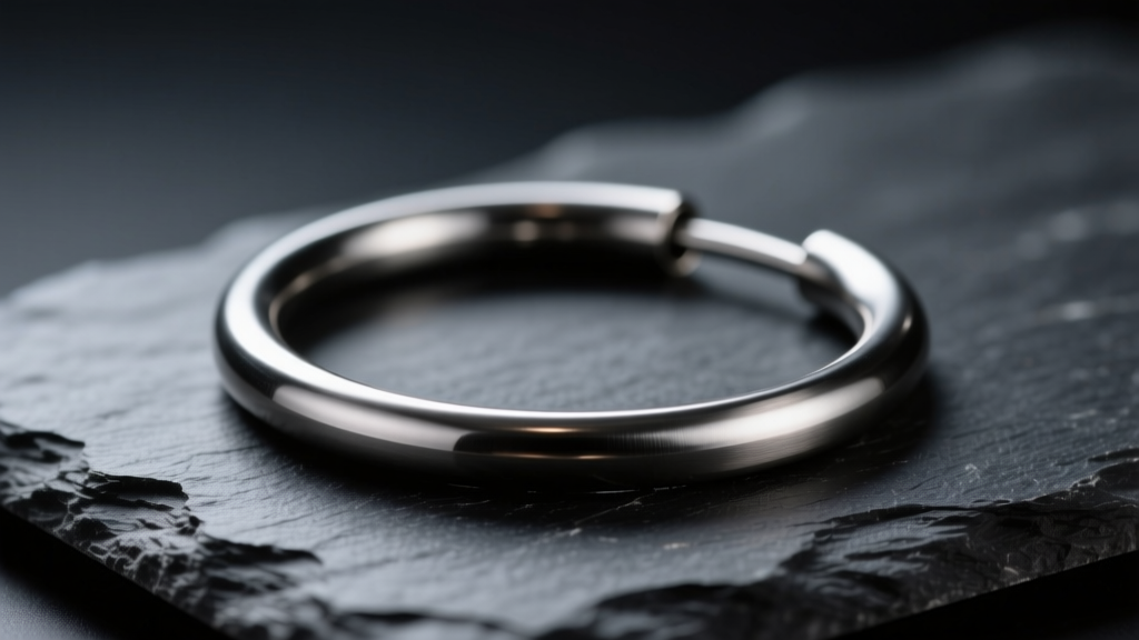 Macro shot of an ASTM F-136 titanium 16-gauge seamless clicker hoop resting on dark slate with soft directional lighting.