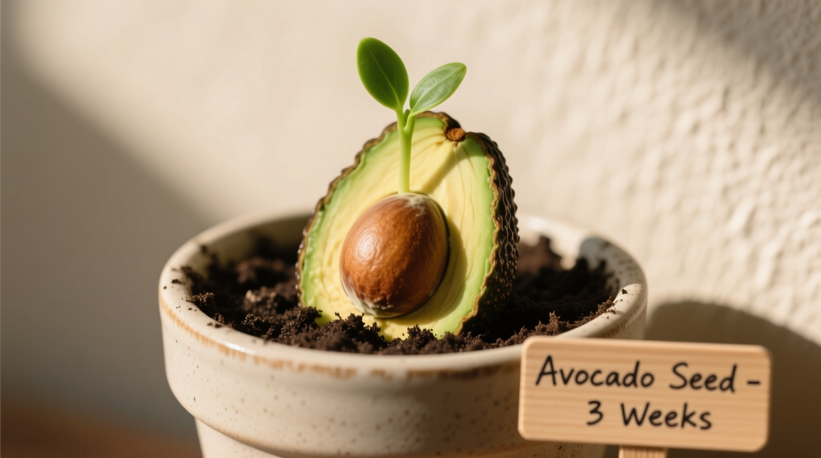 Avocado seed planted in soil showing proper depth