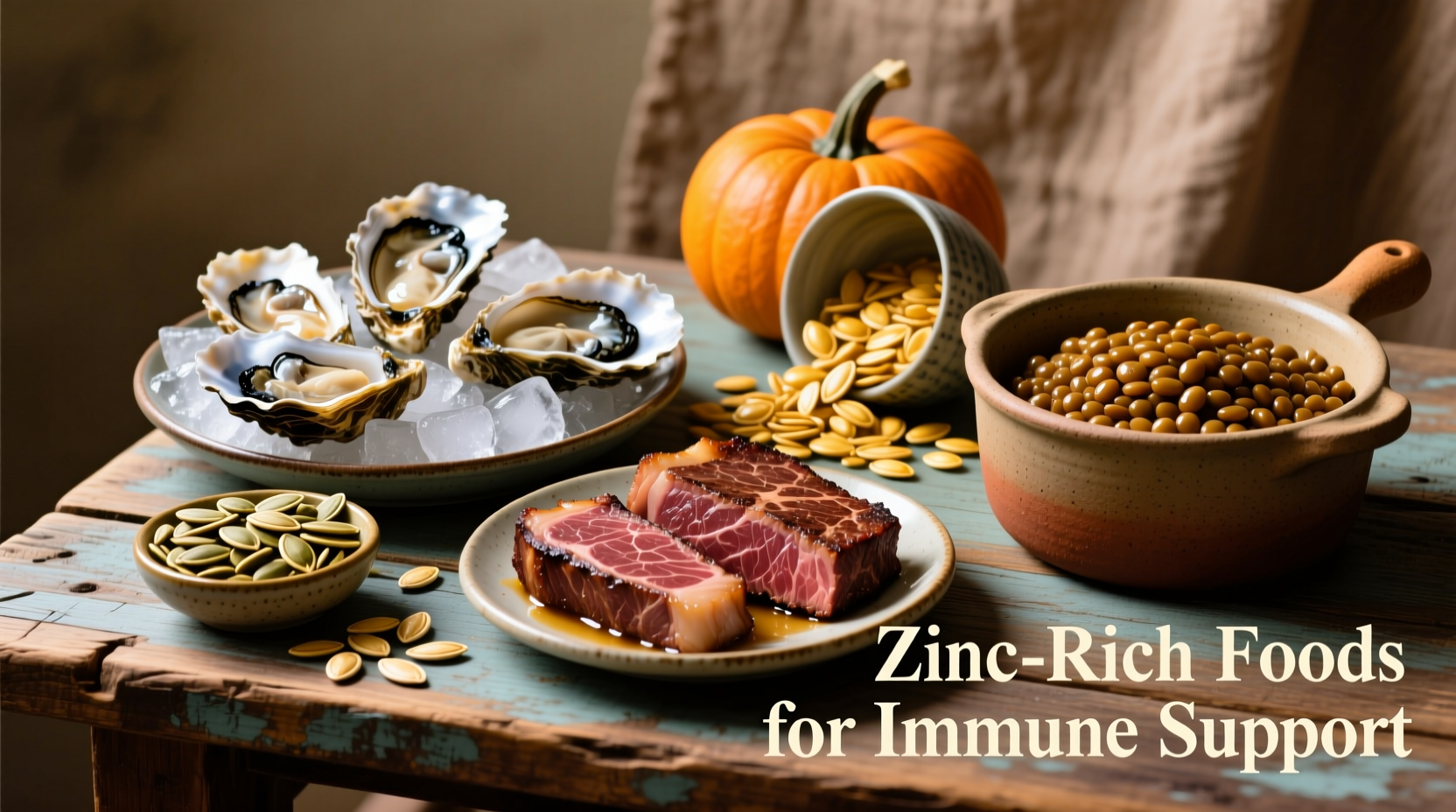 Colorful display of zinc-rich foods including oysters, beef, pumpkin seeds, and lentils