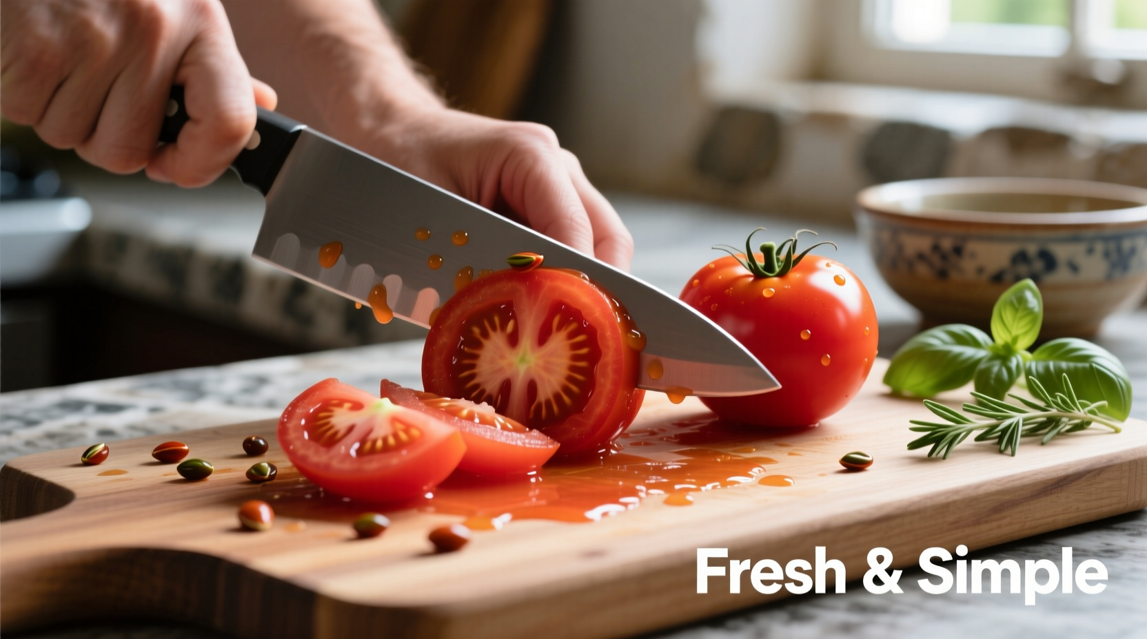 Fresh tomatoes being chopped for pasta sauce