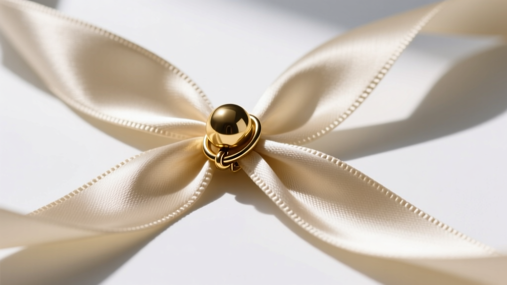 Macro shot of silk ribbon secured with a gold crimp bead and clasp, highlighting neat stitching against a clean white background