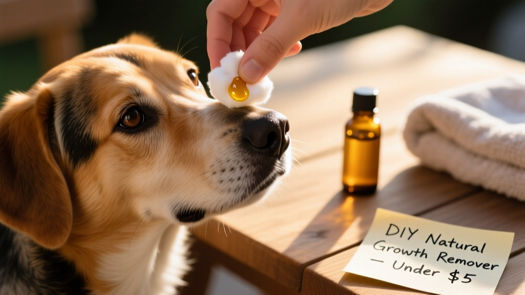Hand applying a warm, castor oil–soaked cotton ball to a dog's nasal bridge