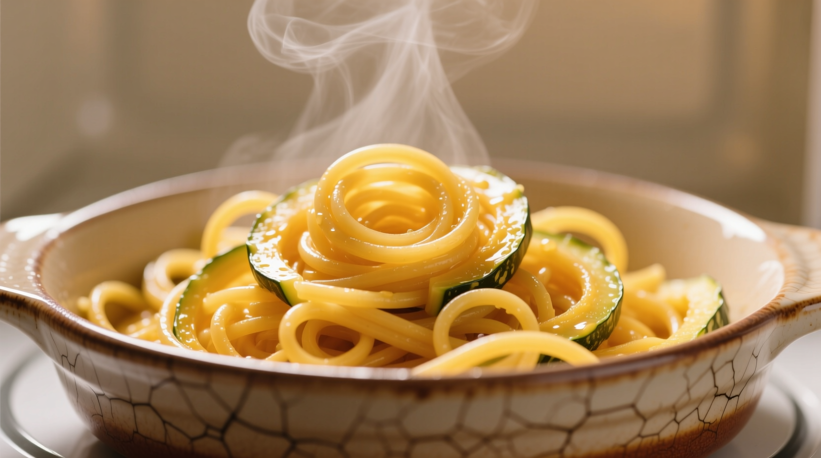 Freshly cooked spaghetti squash strands in microwave-safe dish