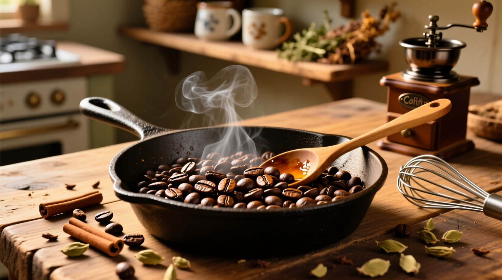 roast coffee beans with an iron skillet a whisk and a