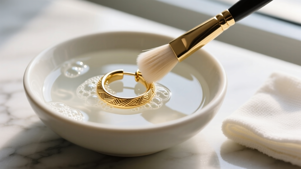 Soft brush cleaning a gold vermeil hoop earring in soapy water, with a folded microfiber cloth resting beside the ceramic bowl.