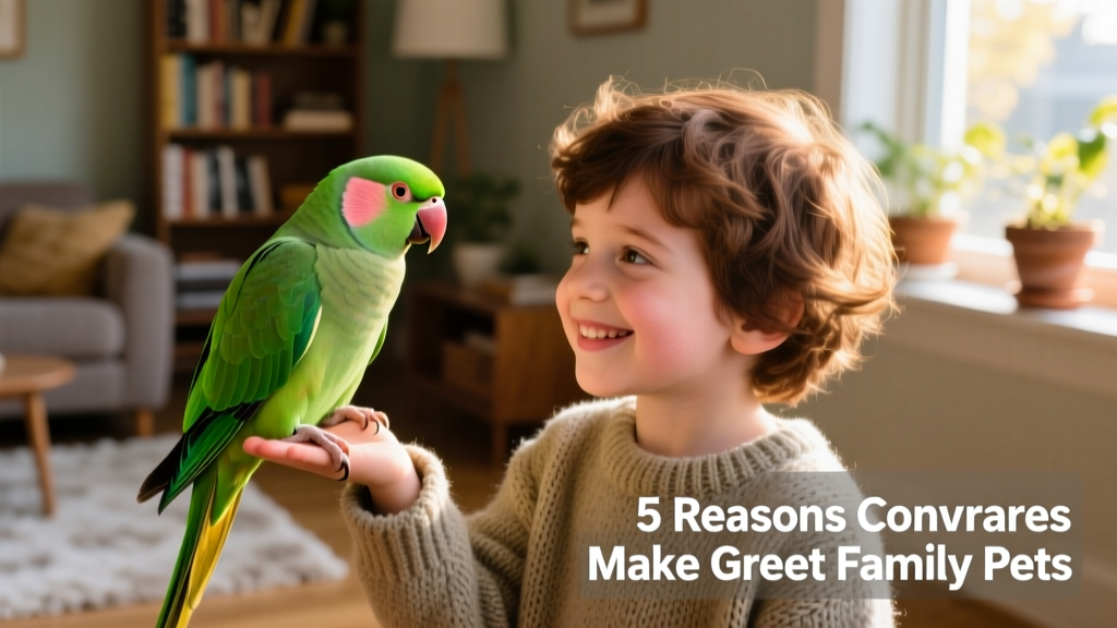 A cheerful green-cheeked conure perched on a child's hand, smiling gently