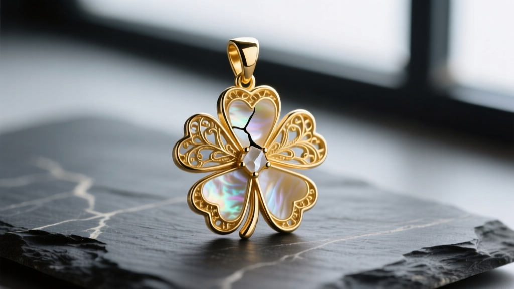 Macro shot of an 18k gold four leaf clover pendant with a chipped mother-of-pearl inlay resting on a dark slate surface.