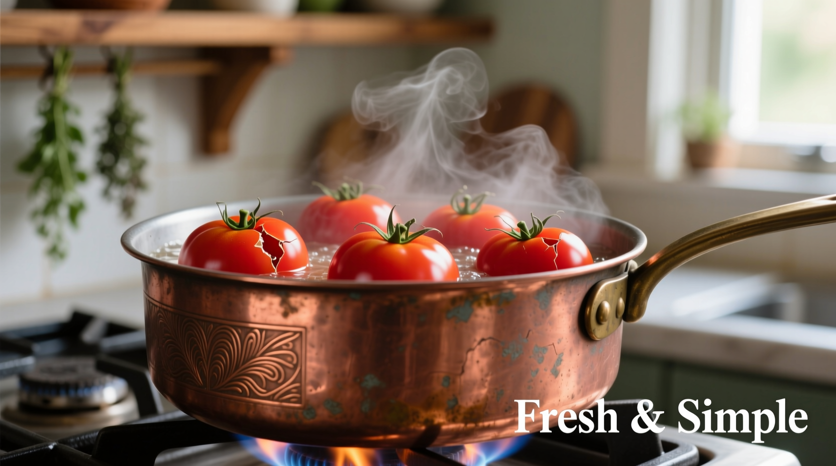Fresh plum tomatoes simmering in copper pot