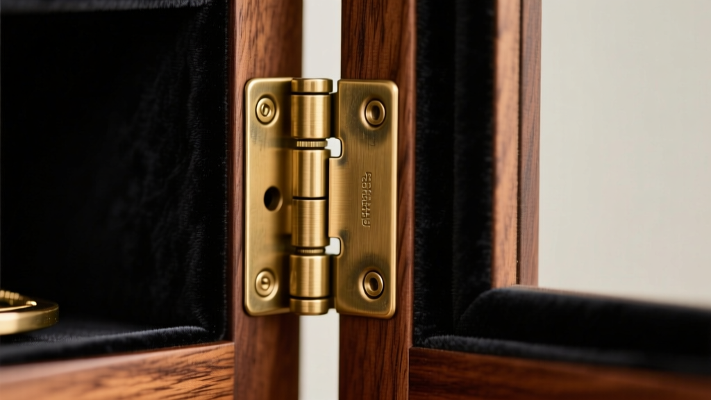 Macro shot of a solid brass quadrant hinge and soft-close mechanism on a premium velvet-lined mahogany jewelry armoire.